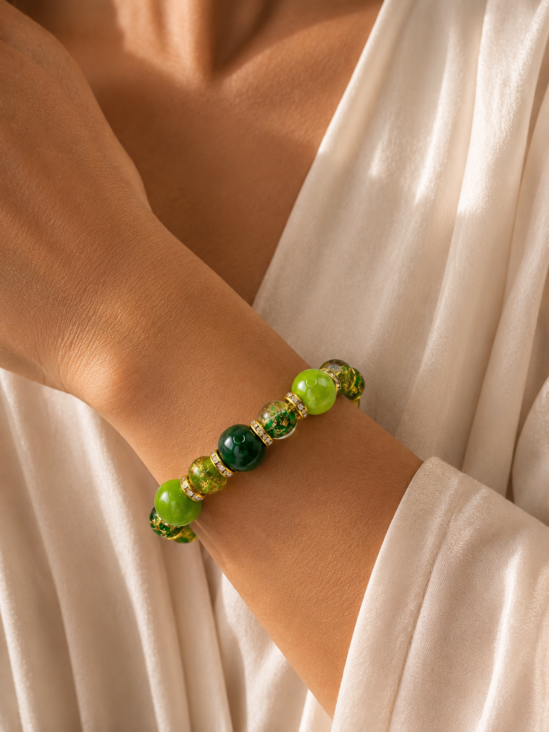 Bracciale Melissa con perle in vetro di Murano, indossato